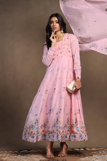 Womens Powder Pink Organza Floral Printed Maxi Length Anarkali Kurta And Trouser With Dupatta Set