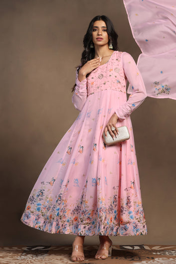 Womens Powder Pink Organza Floral Printed Maxi Length Anarkali Kurta And Trouser With Dupatta Set