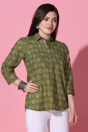 Womens Mehendi Cotton All-over Printed Shirt Style Top