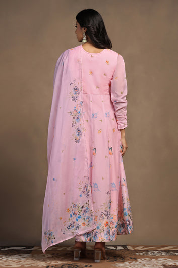 Womens Powder Pink Organza Floral Printed Maxi Length Anarkali Kurta And Trouser With Dupatta Set