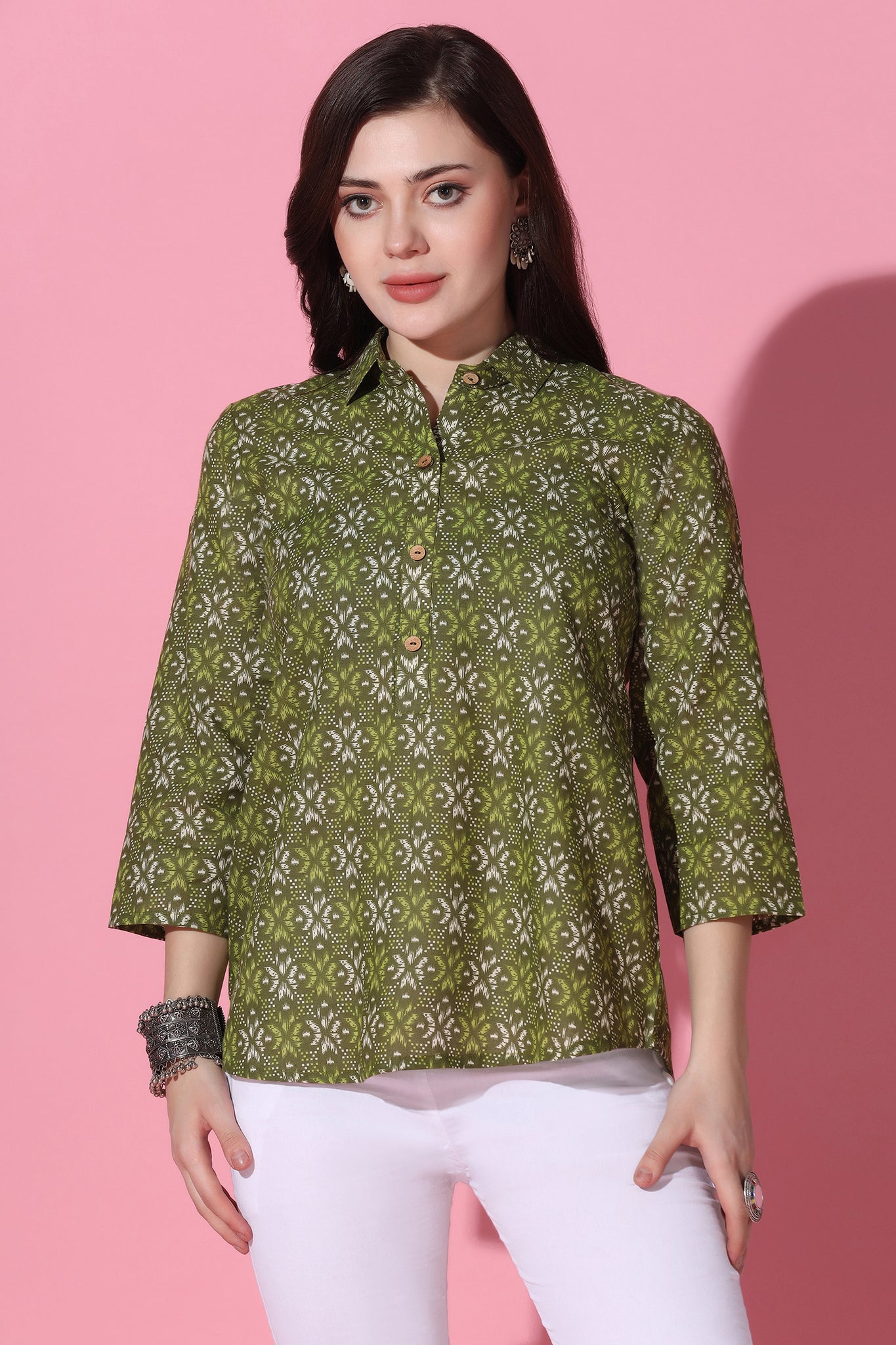 Womens Mehendi Cotton All-over Printed Shirt Style Top