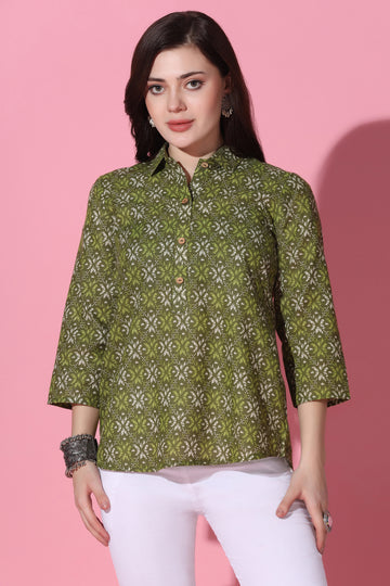 Womens Mehendi Cotton All-over Printed Shirt Style Top