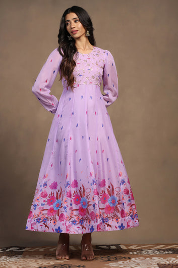 Womens Lavender Organza Floral Printed Maxi Length Anarkali Kurta And Trouser With Dupatta Set