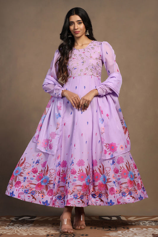 Womens Lavender Organza Floral Printed Maxi Length Anarkali Kurta And Trouser With Dupatta Set