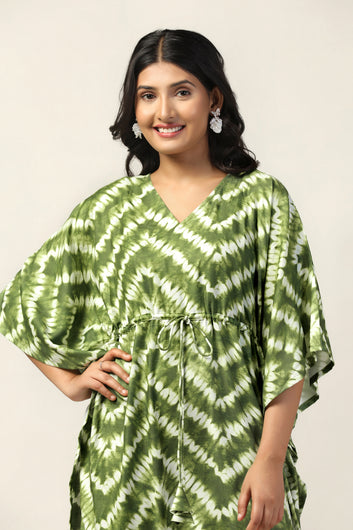 Womens Green Slub Tie & Dye Printed Kaftan Dress