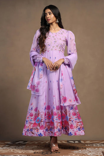 Womens Lavender Organza Floral Printed Maxi Length Anarkali Kurta And Trouser With Dupatta Set