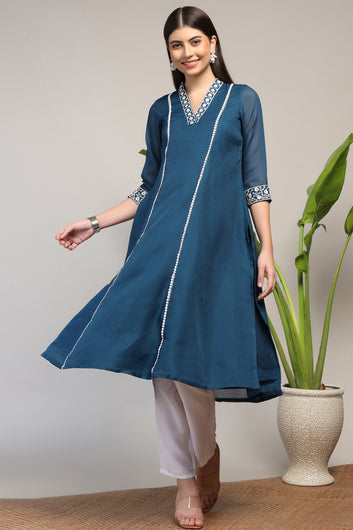 Womens Rama Kota Doriya Solid Calf Length Kurta With Trouser Set