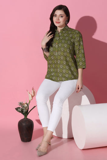 Womens Mehendi Cotton All-over Printed Shirt Style Top