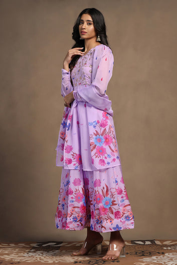 Womens Lavender Organza Floral Printed Maxi Length Anarkali Kurta And Trouser With Dupatta Set