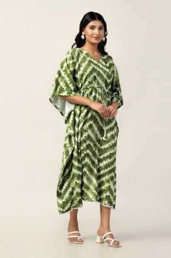 Womens Green Slub Tie & Dye Printed Kaftan Dress