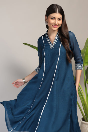 Womens Rama Kota Doriya Solid Calf Length Kurta With Trouser Set