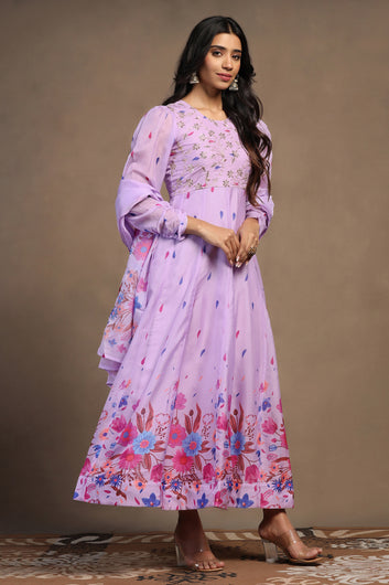 Womens Lavender Organza Floral Printed Maxi Length Anarkali Kurta And Trouser With Dupatta Set