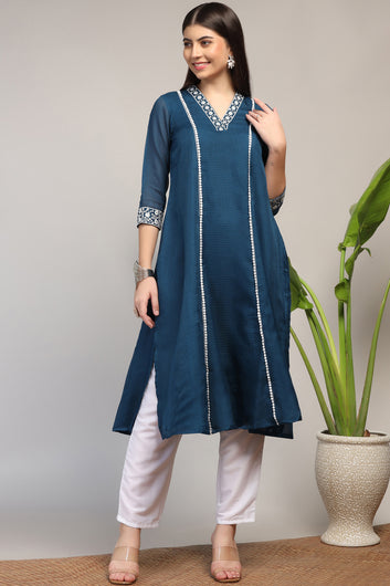 Womens Rama Kota Doriya Solid Calf Length Kurta With Trouser Set