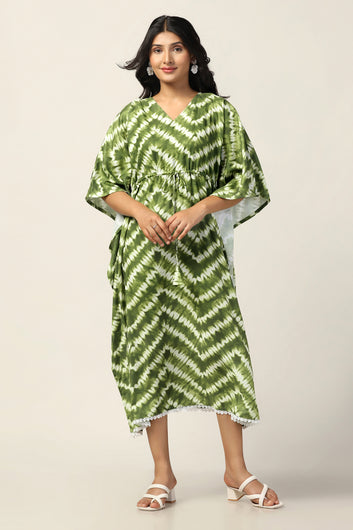 Womens Green Slub Tie & Dye Printed Kaftan Dress