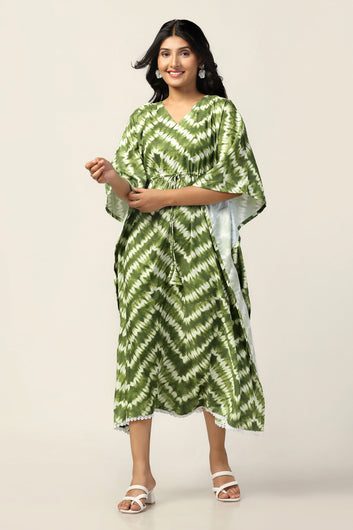 Womens Green Slub Tie & Dye Printed Kaftan Dress