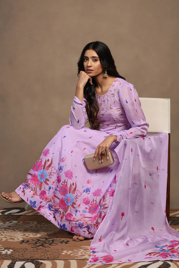 Womens Lavender Organza Floral Printed Maxi Length Anarkali Kurta And Trouser With Dupatta Set