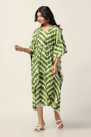 Womens Green Slub Tie & Dye Printed Kaftan Dress