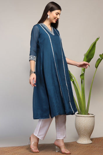 Womens Rama Kota Doriya Solid Calf Length Kurta With Trouser Set