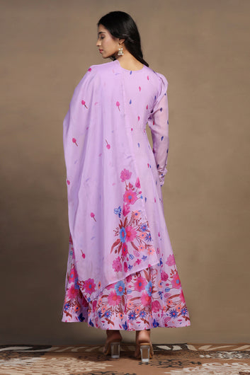 Womens Lavender Organza Floral Printed Maxi Length Anarkali Kurta And Trouser With Dupatta Set