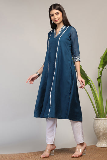 Womens Rama Kota Doriya Solid Calf Length Kurta With Trouser Set