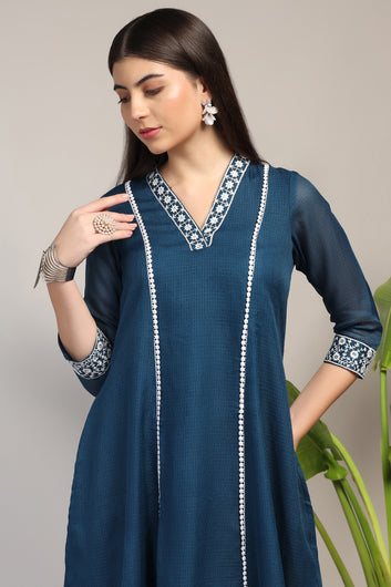 Womens Rama Kota Doriya Solid Calf Length Kurta With Trouser Set