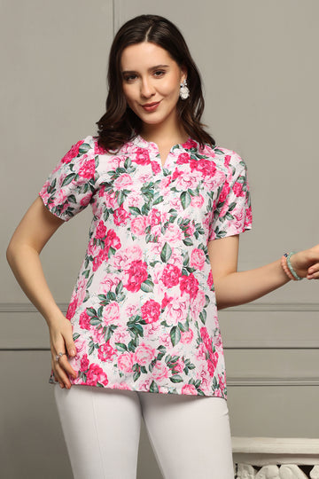 Womens Multicolor Micro Floral Printed A-Line Top