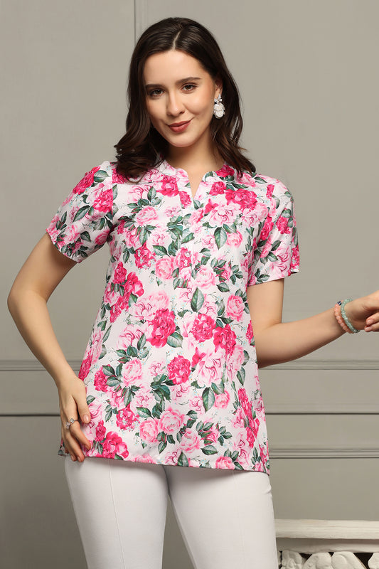 Womens Multicolor Micro Floral Printed A-Line Top