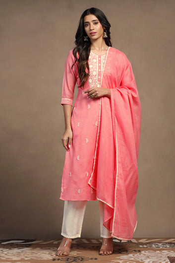 Womens Powder Pink Kota Doriya Embroidered Calf Length Kurta And Trouser With Dupatta Set