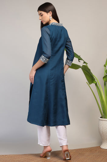 Womens Rama Kota Doriya Solid Calf Length Kurta With Trouser Set