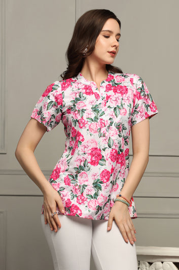 Womens Multicolor Micro Floral Printed A-Line Top