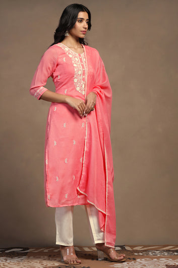 Womens Powder Pink Kota Doriya Embroidered Calf Length Kurta And Trouser With Dupatta Set