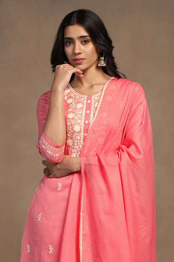 Womens Powder Pink Kota Doriya Embroidered Calf Length Kurta And Trouser With Dupatta Set