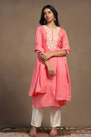 Womens Powder Pink Kota Doriya Embroidered Calf Length Kurta And Trouser With Dupatta Set