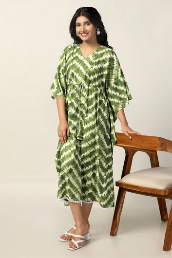 Womens Green Slub Tie & Dye Printed Kaftan Dress