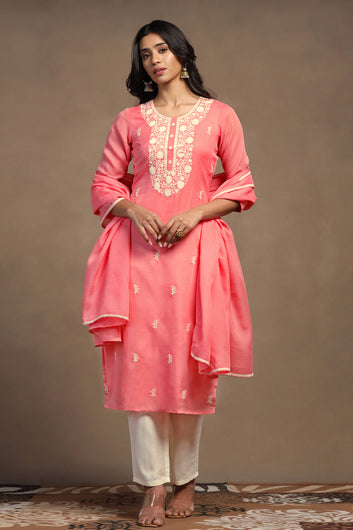 Womens Powder Pink Kota Doriya Embroidered Calf Length Kurta And Trouser With Dupatta Set