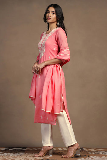 Womens Powder Pink Kota Doriya Embroidered Calf Length Kurta And Trouser With Dupatta Set