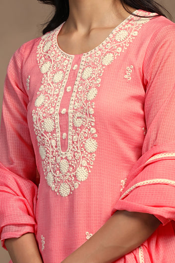 Womens Powder Pink Kota Doriya Embroidered Calf Length Kurta And Trouser With Dupatta Set