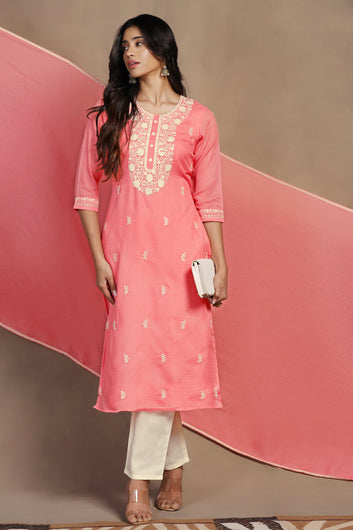 Womens Powder Pink Kota Doriya Embroidered Calf Length Kurta And Trouser With Dupatta Set