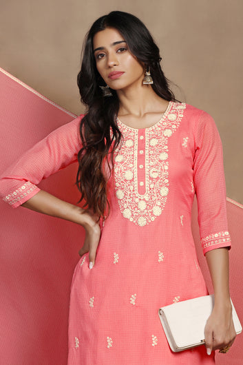 Womens Powder Pink Kota Doriya Embroidered Calf Length Kurta And Trouser With Dupatta Set