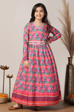 Girls Multicolor Chinon Patola Printed Fit & Flare Maxi Length Dress