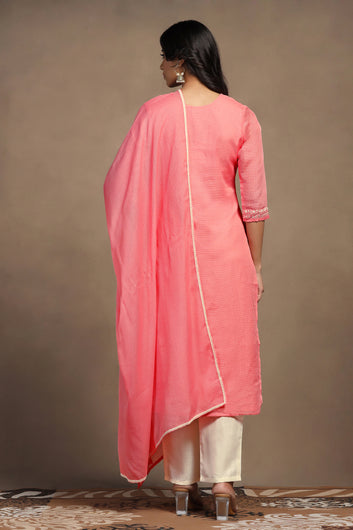 Womens Powder Pink Kota Doriya Embroidered Calf Length Kurta And Trouser With Dupatta Set