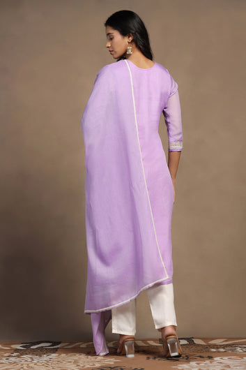 Womens Lavender Kota Doriya Embroidered Calf Length Kurta And Trouser With Dupatta Set