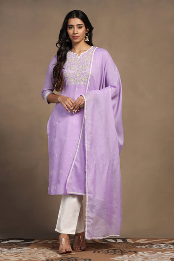 Womens Lavender Kota Doriya Embroidered Calf Length Kurta And Trouser With Dupatta Set