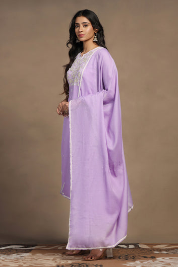 Womens Lavender Kota Doriya Embroidered Calf Length Kurta And Trouser With Dupatta Set