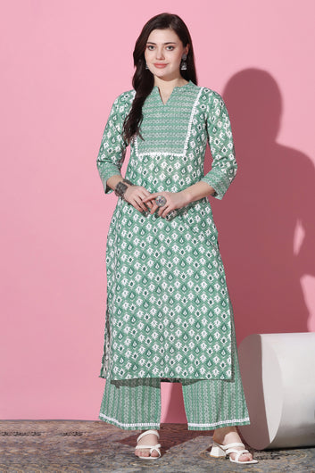 Women's Green Cotton All over Printed Kurta With Pant Set