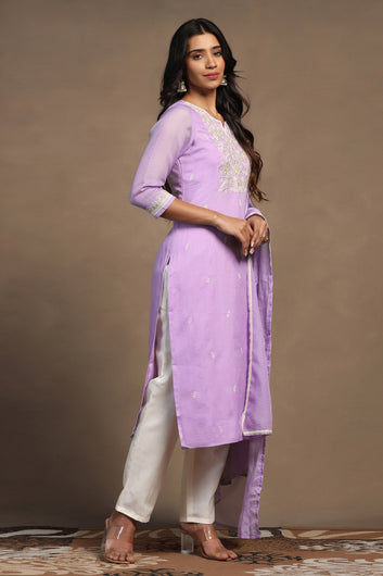 Womens Lavender Kota Doriya Embroidered Calf Length Kurta And Trouser With Dupatta Set