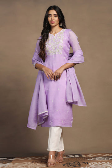 Womens Lavender Kota Doriya Embroidered Calf Length Kurta And Trouser With Dupatta Set