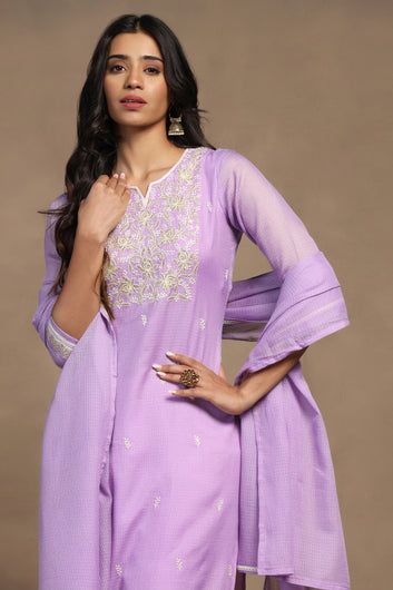 Womens Lavender Kota Doriya Embroidered Calf Length Kurta And Trouser With Dupatta Set