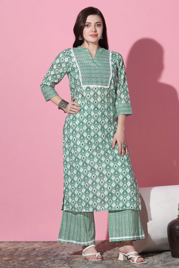 Womens Green Cotton All over Printed Kurta With Pant Set