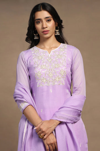 Womens Lavender Kota Doriya Embroidered Calf Length Kurta And Trouser With Dupatta Set